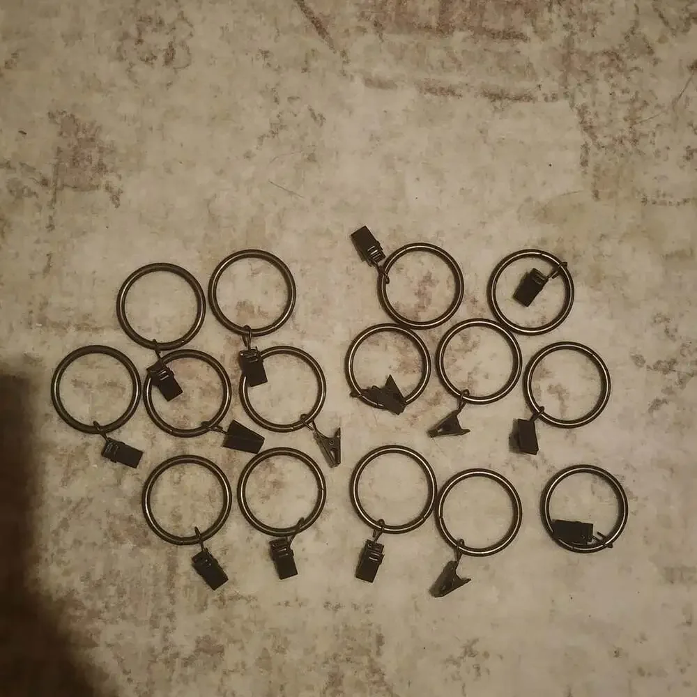 Set of 14 Black Metal Curtain Rings with Attached Clips
